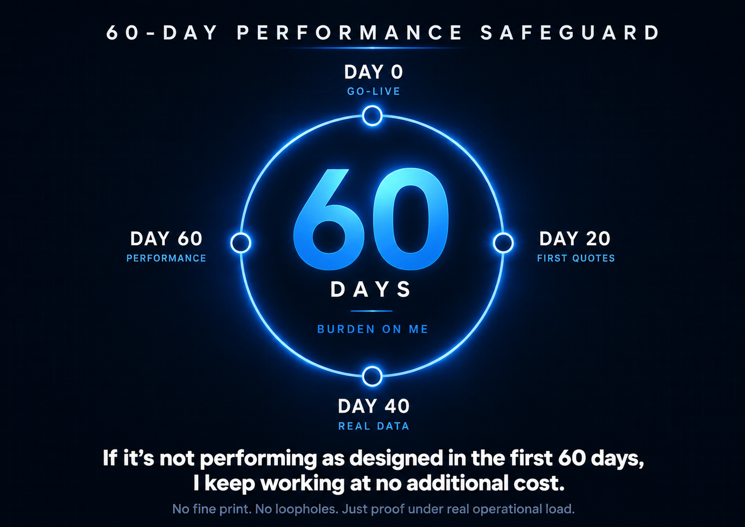 60-Day Performance Safeguard. A large luminous dial showing 60 days at the center with four cardinal checkpoints. Day 0 (go-live), Day 20 (first quotes), Day 40 (real data), Day 60 (performance). Caption: 'If it's not performing as designed in the first 60 days, I keep working at no additional cost. No fine print. No loopholes. Just proof under real operational load.'