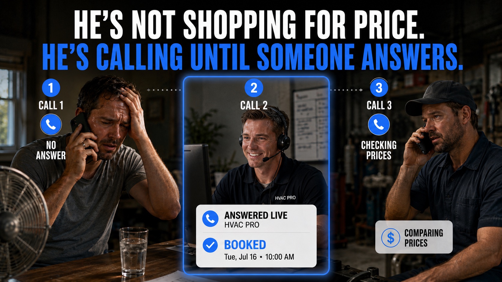 Three HVAC contractor calls in sequence. Call 1 goes to no answer. Call 2 is answered live and the appointment is booked for Tuesday July 16 at 10 AM. Call 3 is just comparing prices because the homeowner already has an appointment.